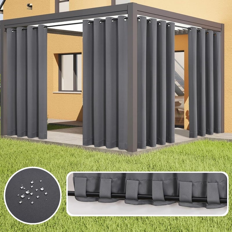 Flyfun Outdoor Curtains for Patio Waterproof - Weatherproof Porch & Gazebo Curtains, Grommet Top and Tab Bottom Drape,4 Panel, 52" W x 108" L, Grey - Image 2